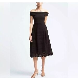 Banana Republic Black Off-Shoulder Laser Cut Ponte Midi Dress Size 10 Feminine